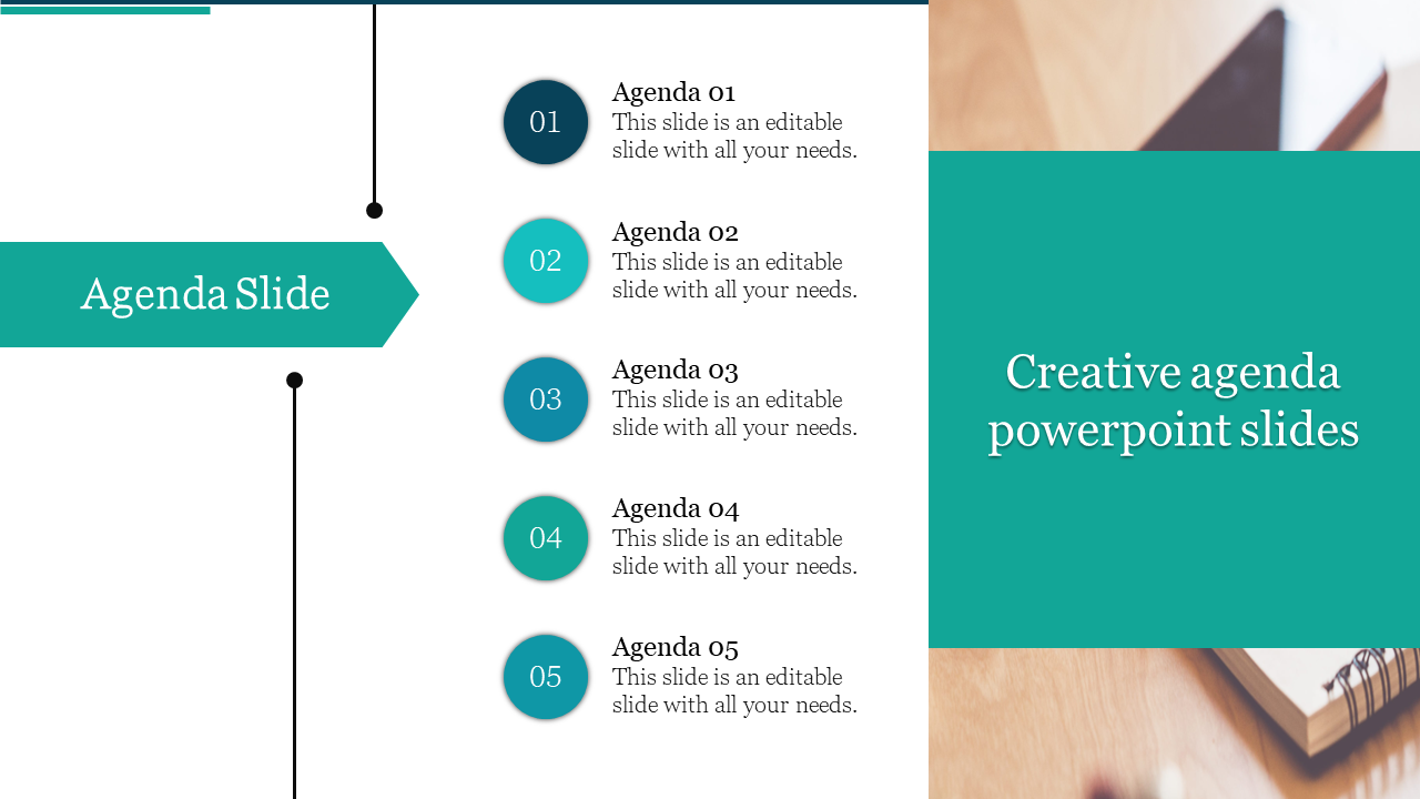 Agenda slide with five numbered sections in teal circles, and a background of an open book with a title banner.