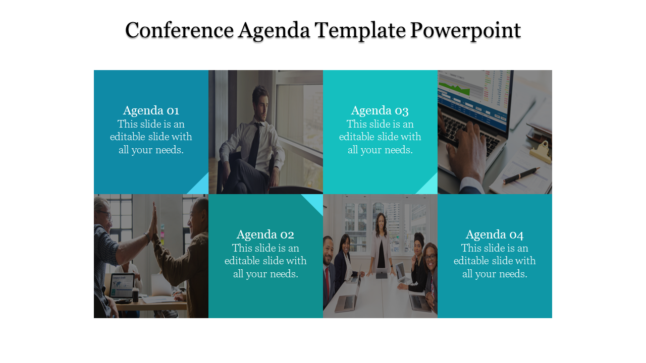 Conference agenda template with four text sections and images of professionals, featuring teal accents.