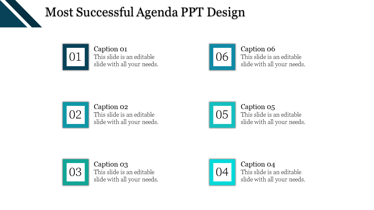 Agenda design with six numbered square boxes in teal, arranged in two column layout and a bold header at the top.