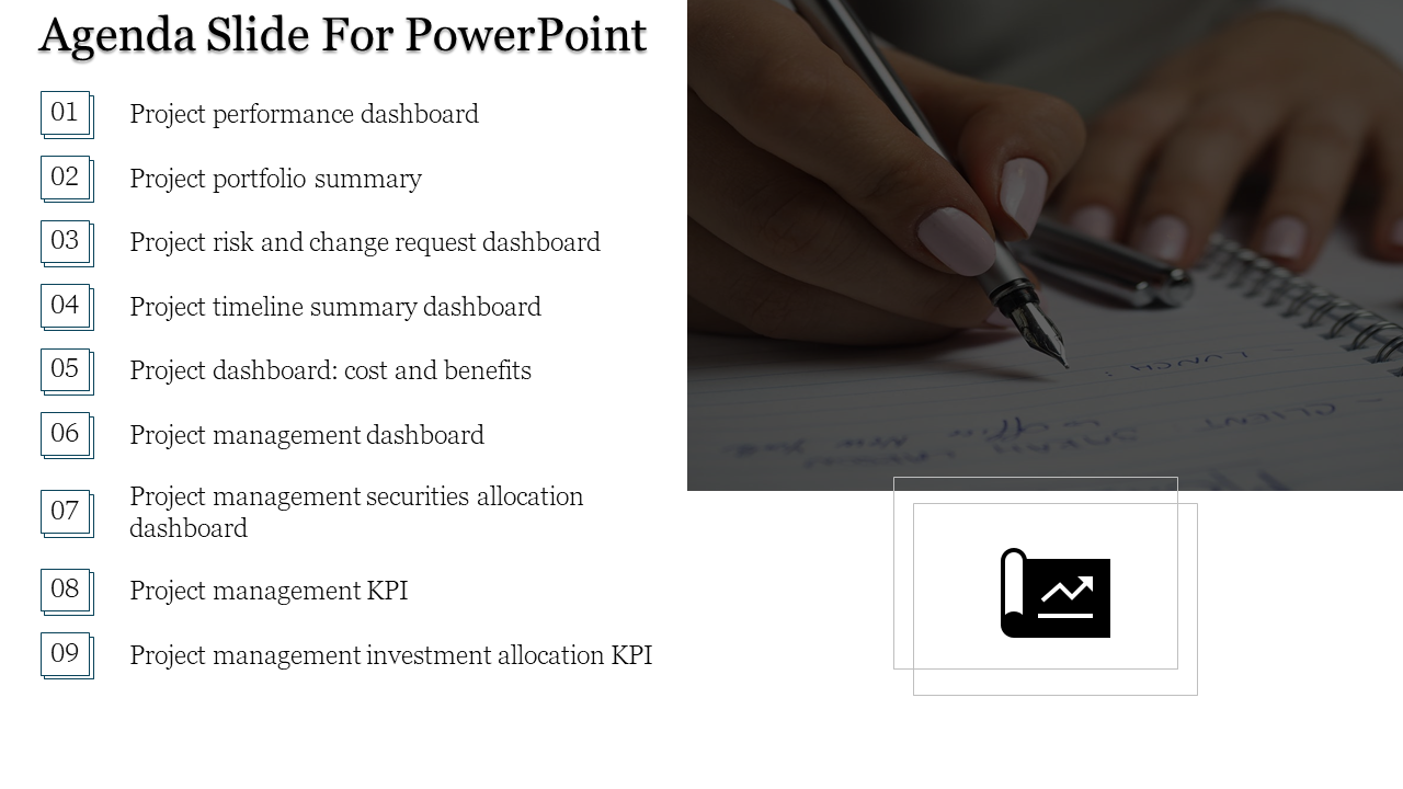 Agenda slide with nine numbered items in square boxes, a photo of a hand writing, and a business chart icon at the bottom.