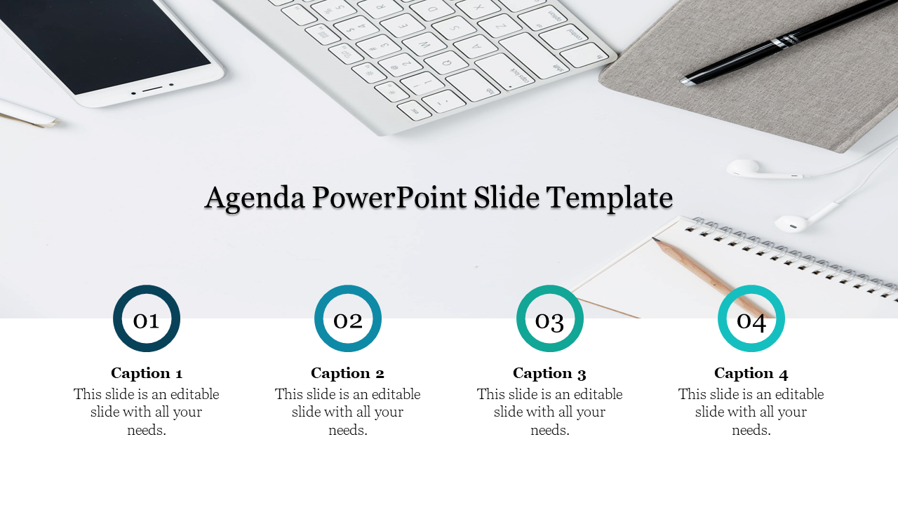 Agenda slide featuring four numbered teal circles with captions, on a workspace background featuring a keyboard and notebook.