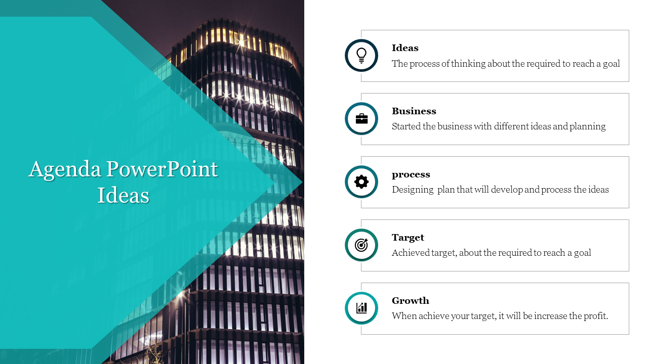 Agenda slide with a teal left triangle header on a cityscape background five icons with text boxes on the right.