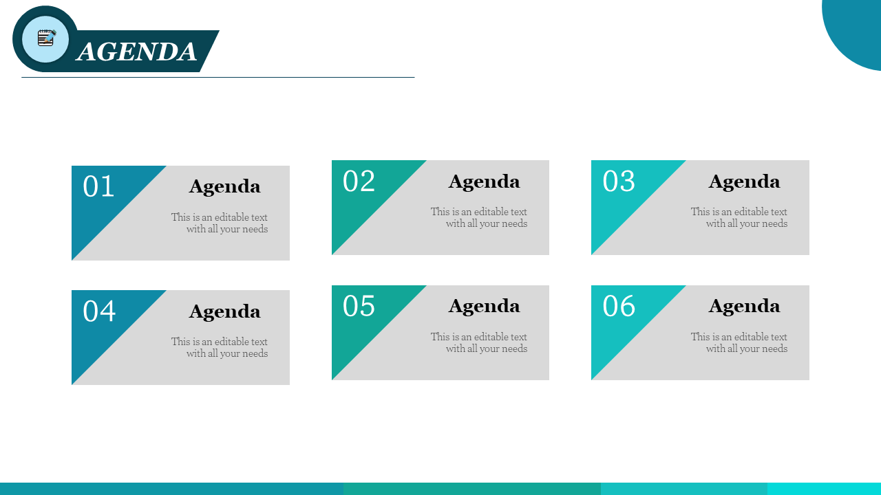 Agenda template featuring a header, six numbered blocks with teal diagonal accents, and placeholder text.