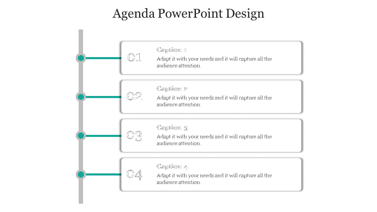 Vertical agenda slide with four numbered steps in text boxes, featuring teal dots, and gray connecting lines.