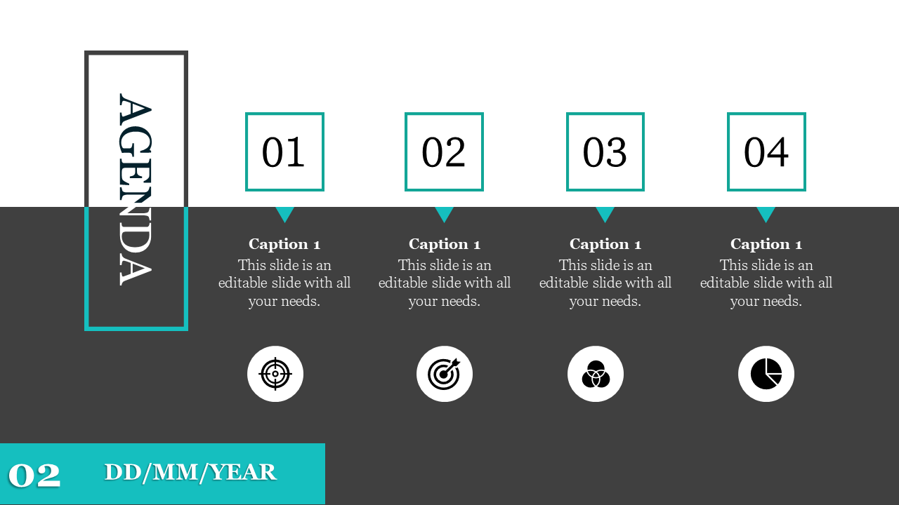 Agenda slide with a dark lower section, four numbered boxes, icons, and a vertical title in a teal frame.