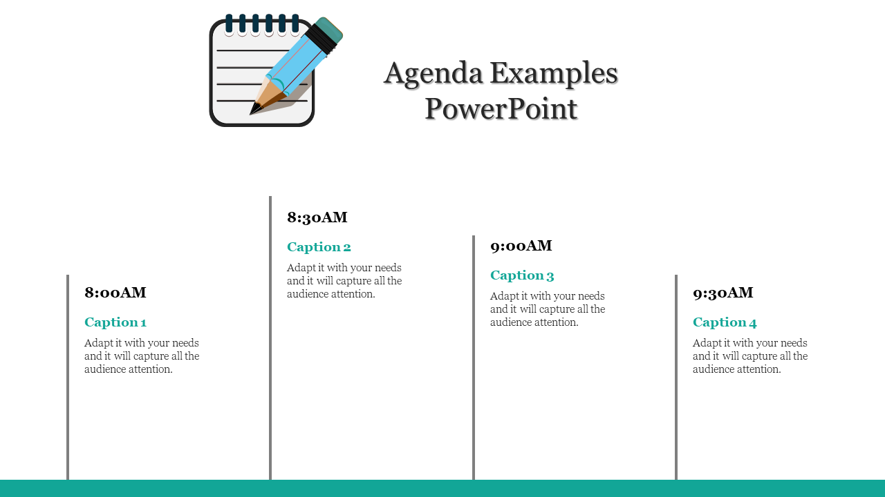Agenda slide with a teal footer, vertical black lines separating scheduled events, and a notepad icon with a pencil.