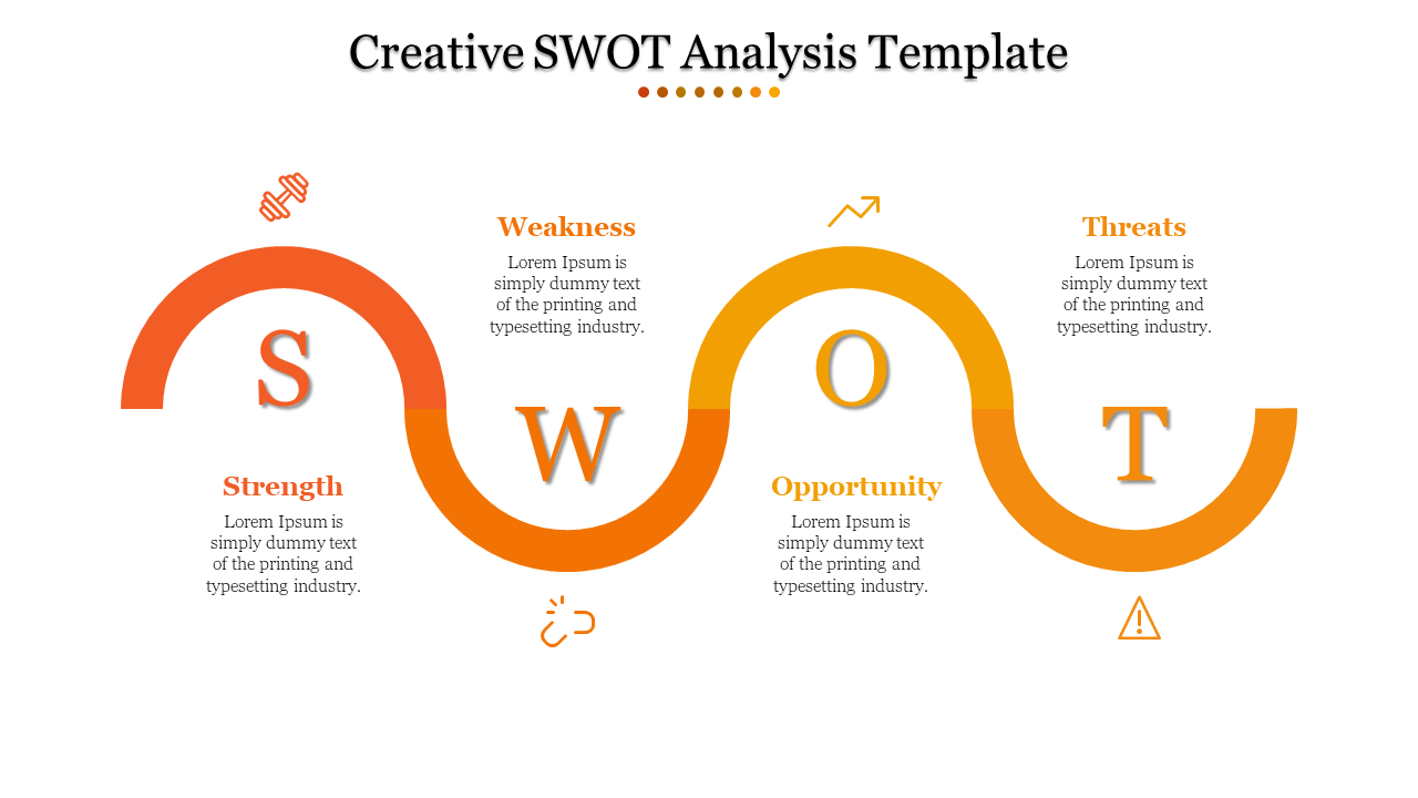 Creative SWOT analysis template with a winding orange path, each section labeled with S, W, O, and T, and icons.