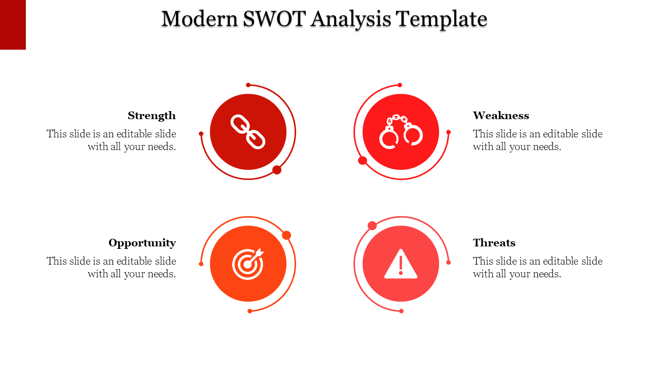 SWOT analysis template with red circular icons representing each category, connected with curved lines.
