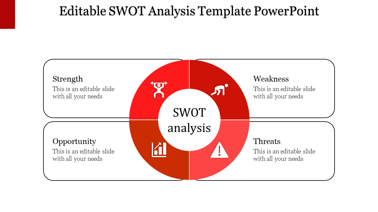 Circular diagram with red sections labeled for SWOT analysis, featuring icons for each category in the center.