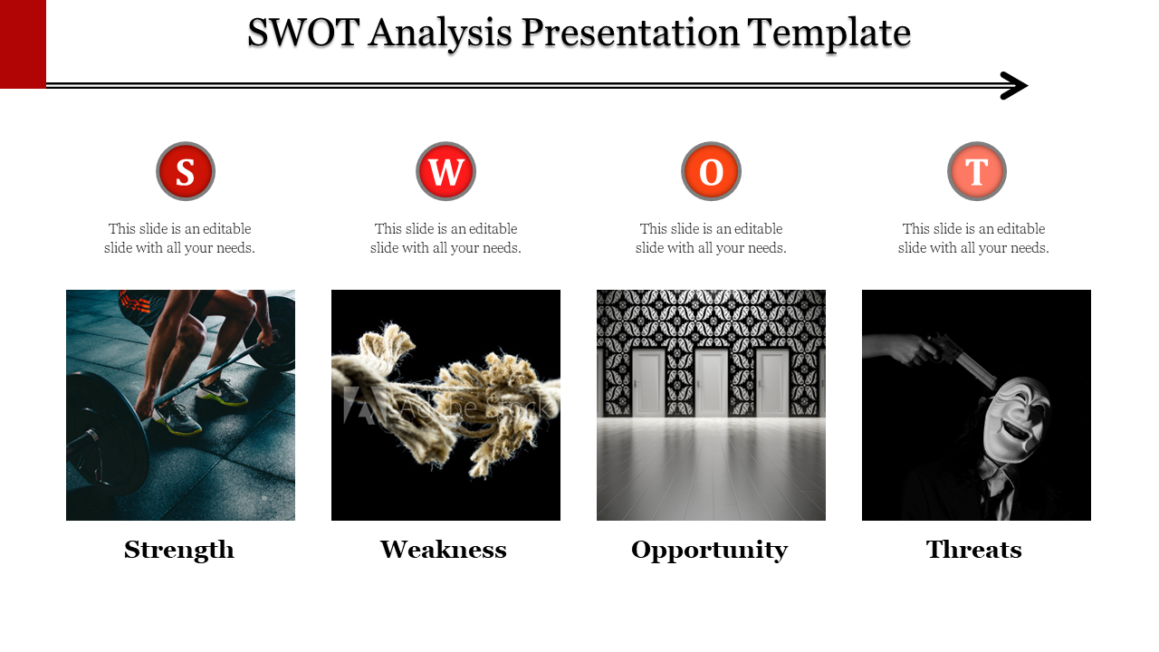 Slide with red icons for SWOT categories, paired with images such as weights, rope, doors, and a dramatic mask.