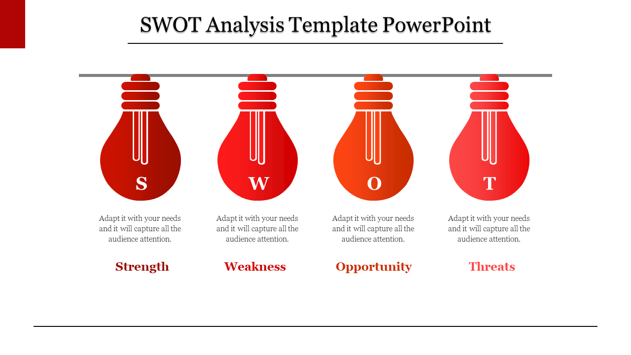 SWOT analysis layout with four red lightbulb icons hanging on a wire, each containing a letter, with labels below.