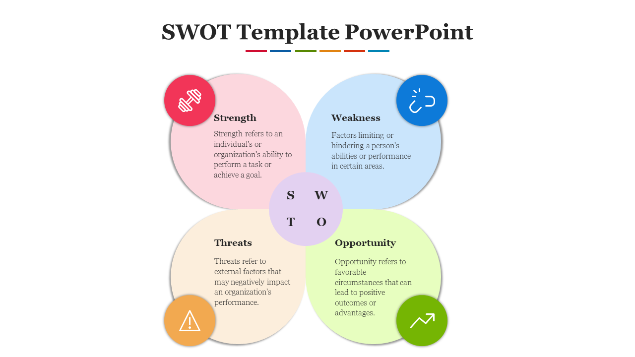 Colorful SWOT template with four circular sections in pink, blue, orange, and green, each with an icon and text.