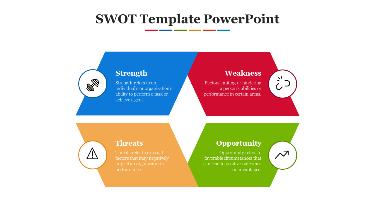 Slide featuring four tilted squares in blue, red, orange, and green, each representing a SWOT category.