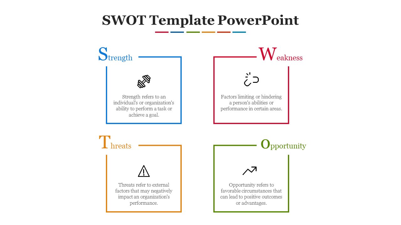 SWOT template with four colorful square sections in blue, red, orange, and green, each containing an icon and description.