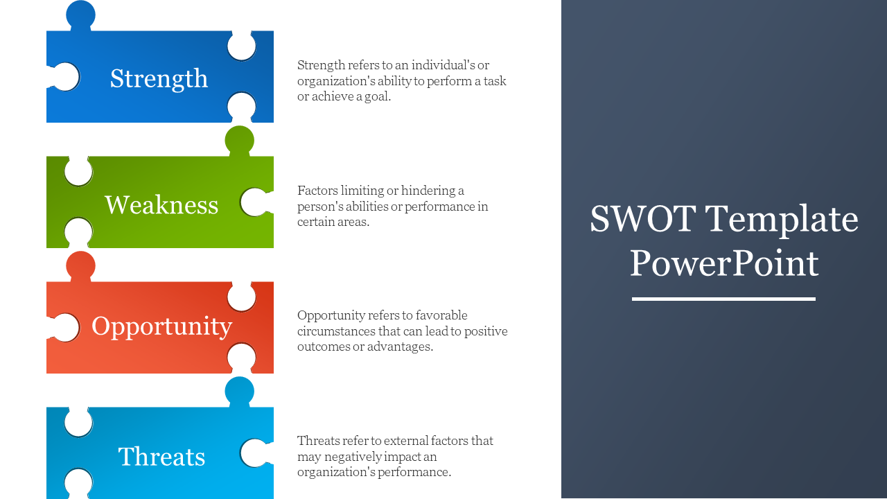 SWOT template with four colorful puzzle pieces in navy, green, orange, and blue, with a gray right section.