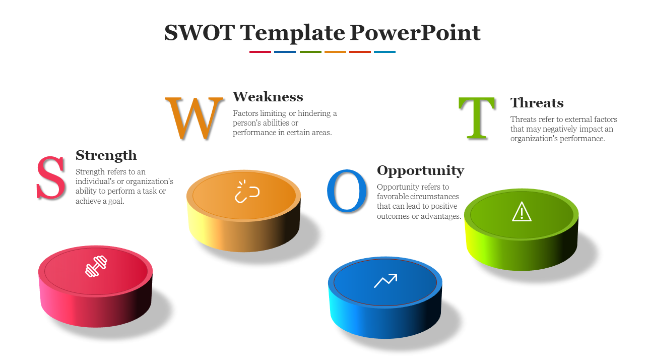 SWOT template with four 3D circles in red, yellow, blue, and green, each containing an icon and labeled with a category.