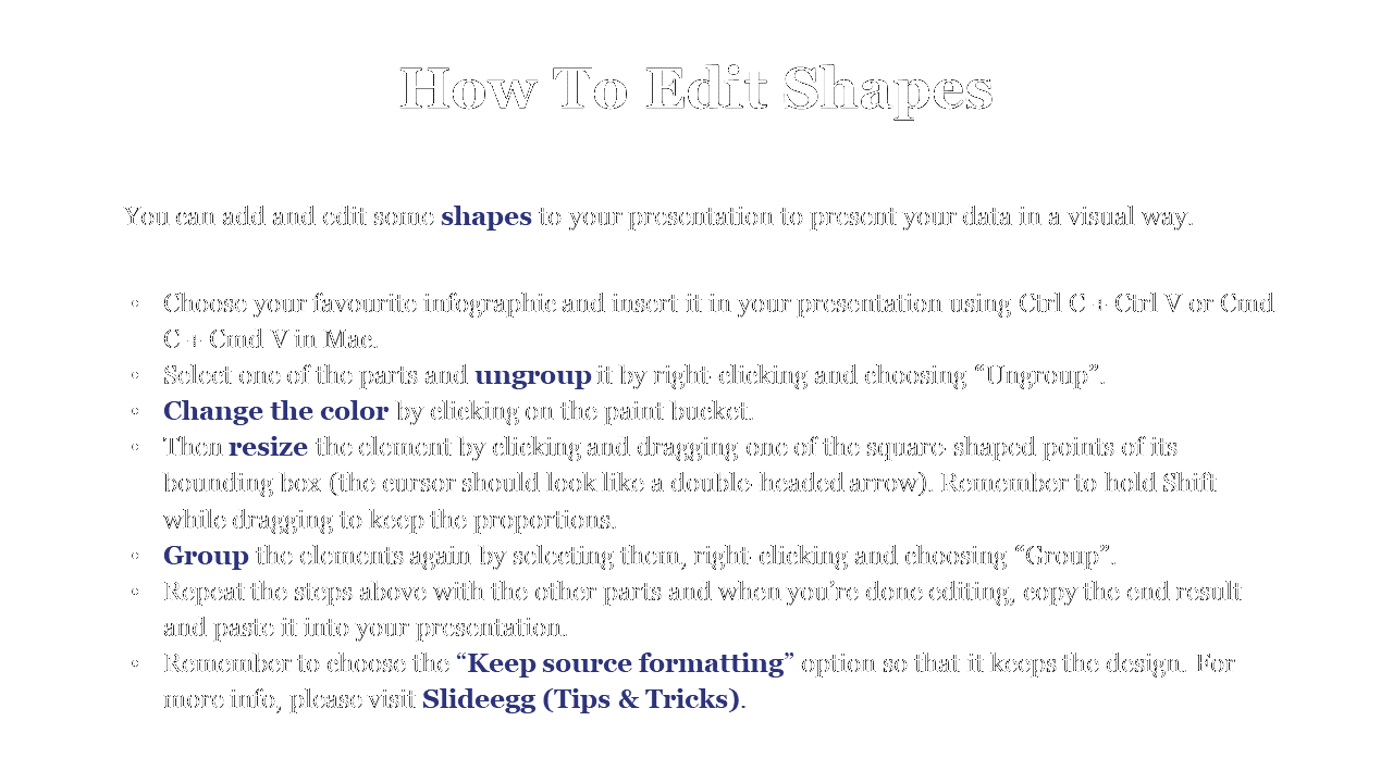 Step by step instructions for modifying shapes in a PowerPoint presentation, including tips on resizing and grouping.