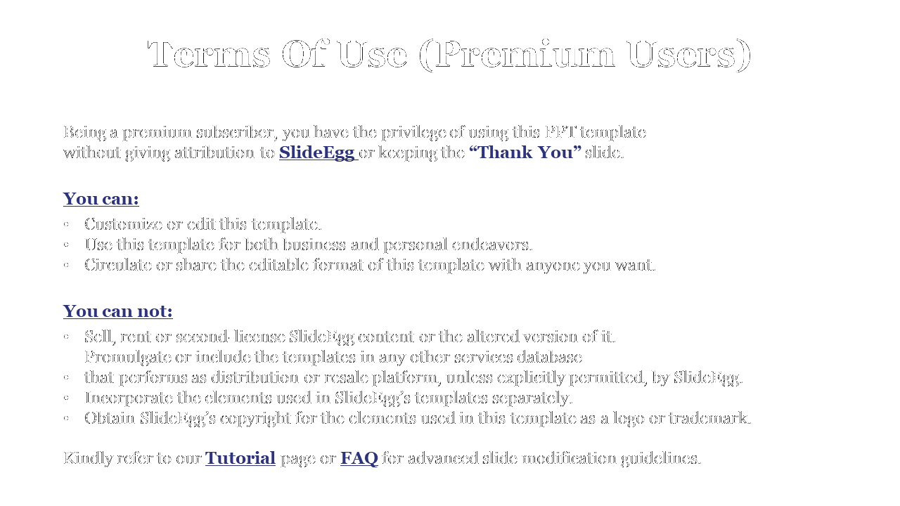Terms of use slide detailing premium user privileges and restrictions for using a PPT template, with bullet points.