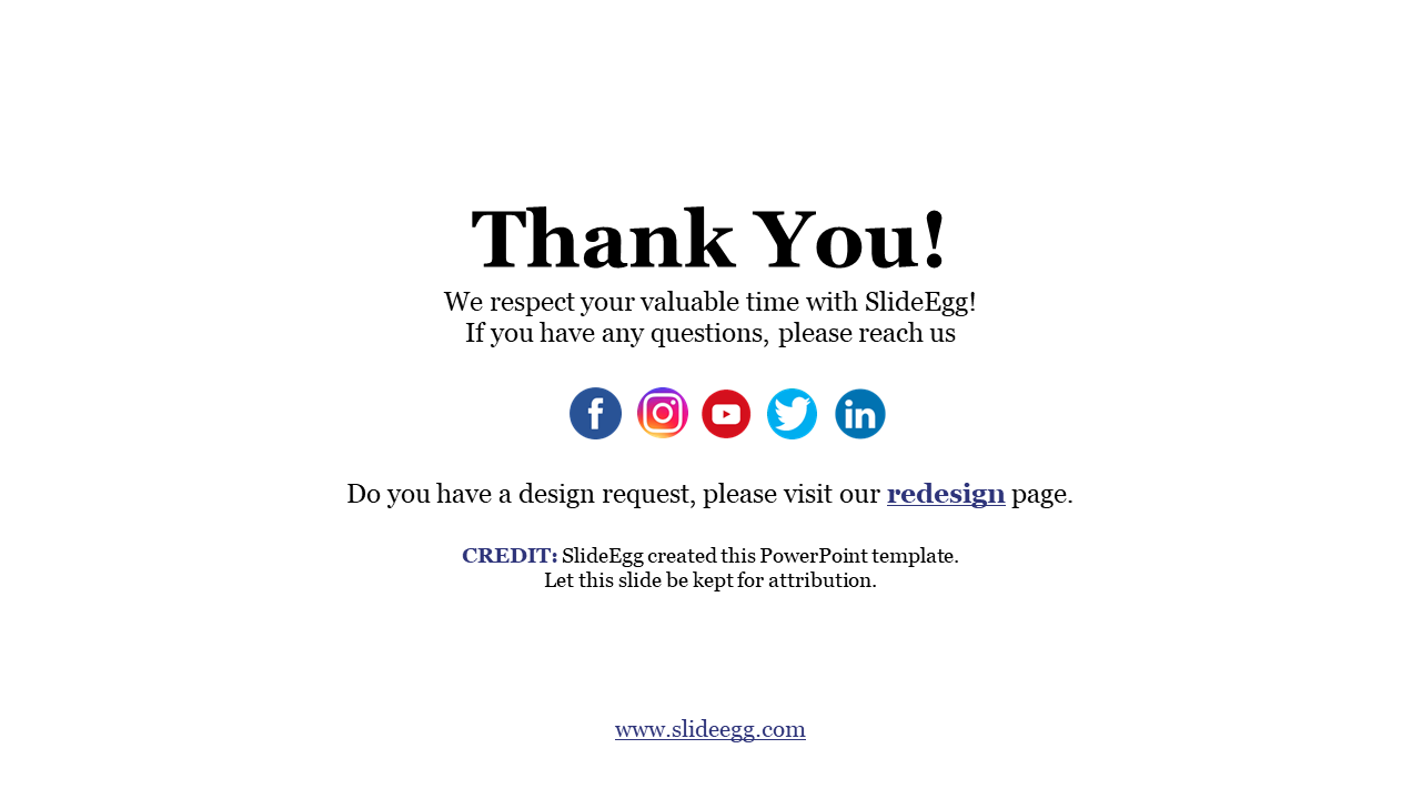 Thank you slide with centered text, social media icons in color, and a blue credit note at the bottom.