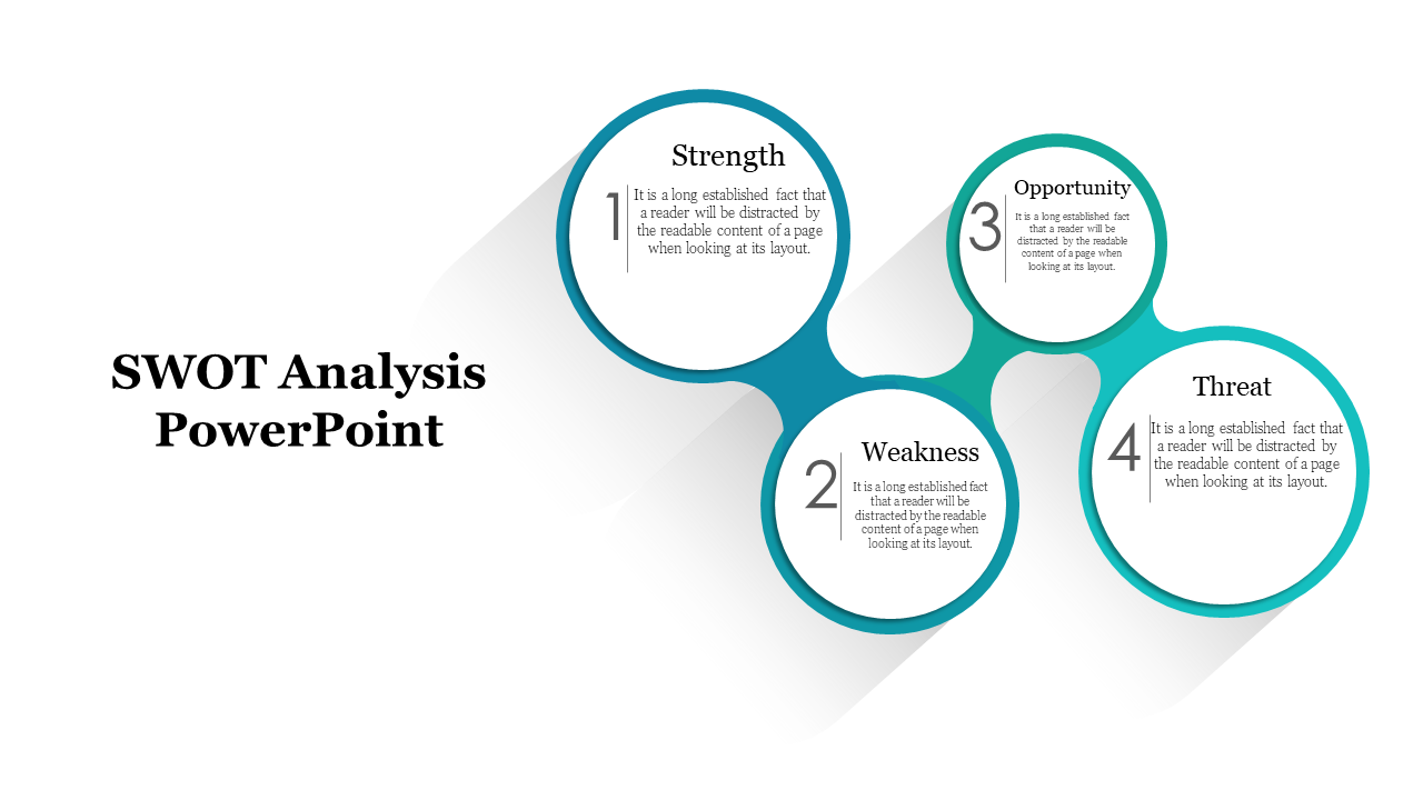 Four interconnected circular elements with teal accents, each labeled for SWOT analysis, positioned around a central title.