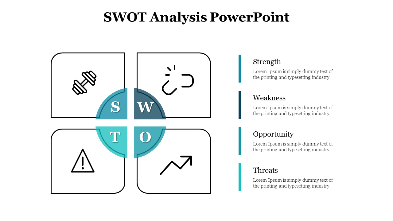 Central circular SWOT design with teal icons in four quadrants, surrounded by boxes with a black color scheme.