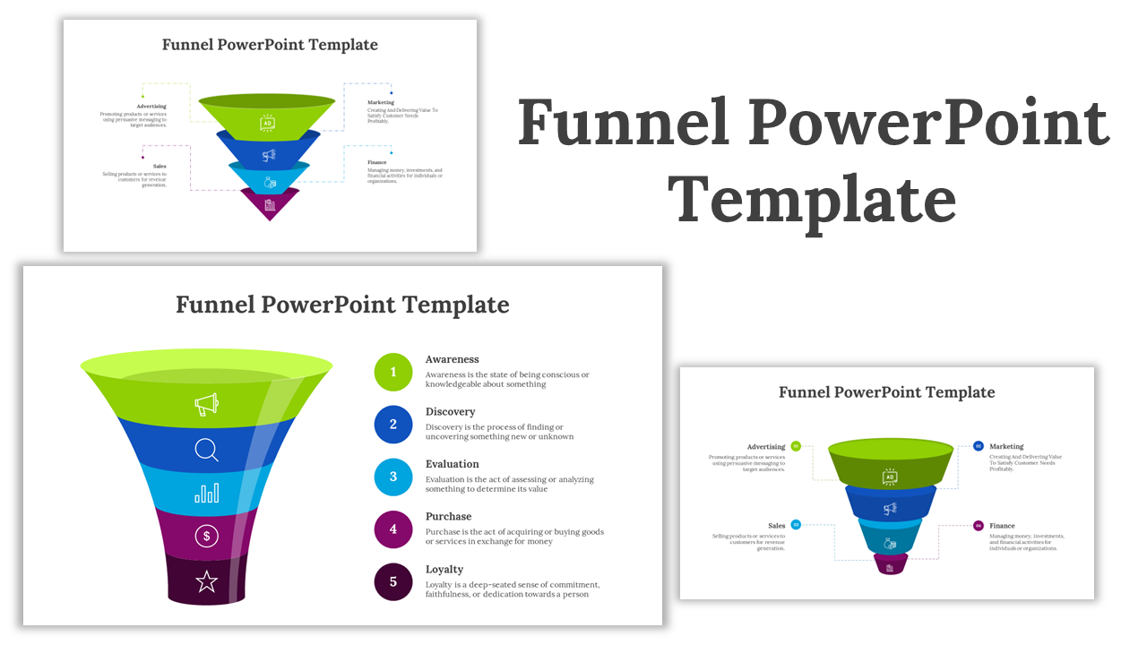 Slide deck featuring funnel shapes in gradient green, blue, teal, purple, and brown, illustrating steps and processes.