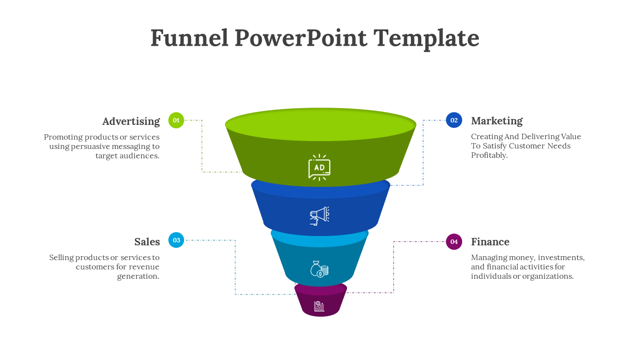 Funnel with stacked sections in green, navy, blue, and purple, each representing a different business function with icons.