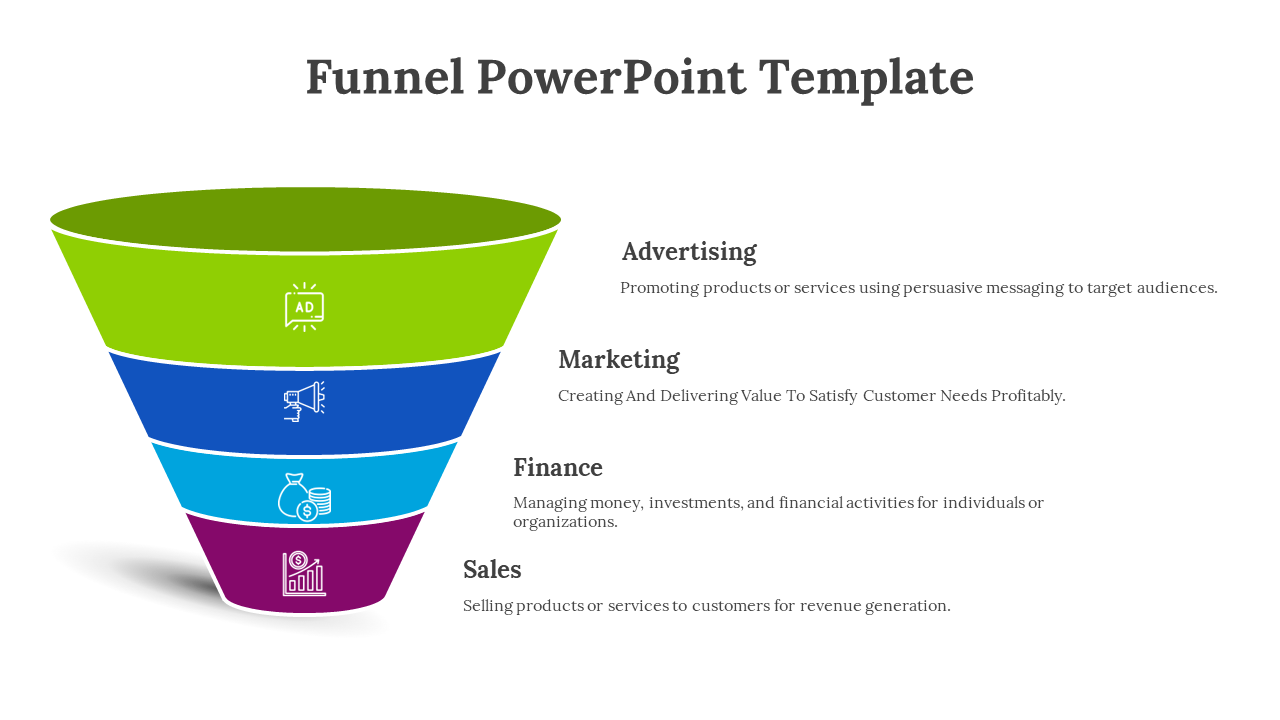 Vertical funnel with green, navy, blue, and purple sections, each representing a business aspect with corresponding icons.