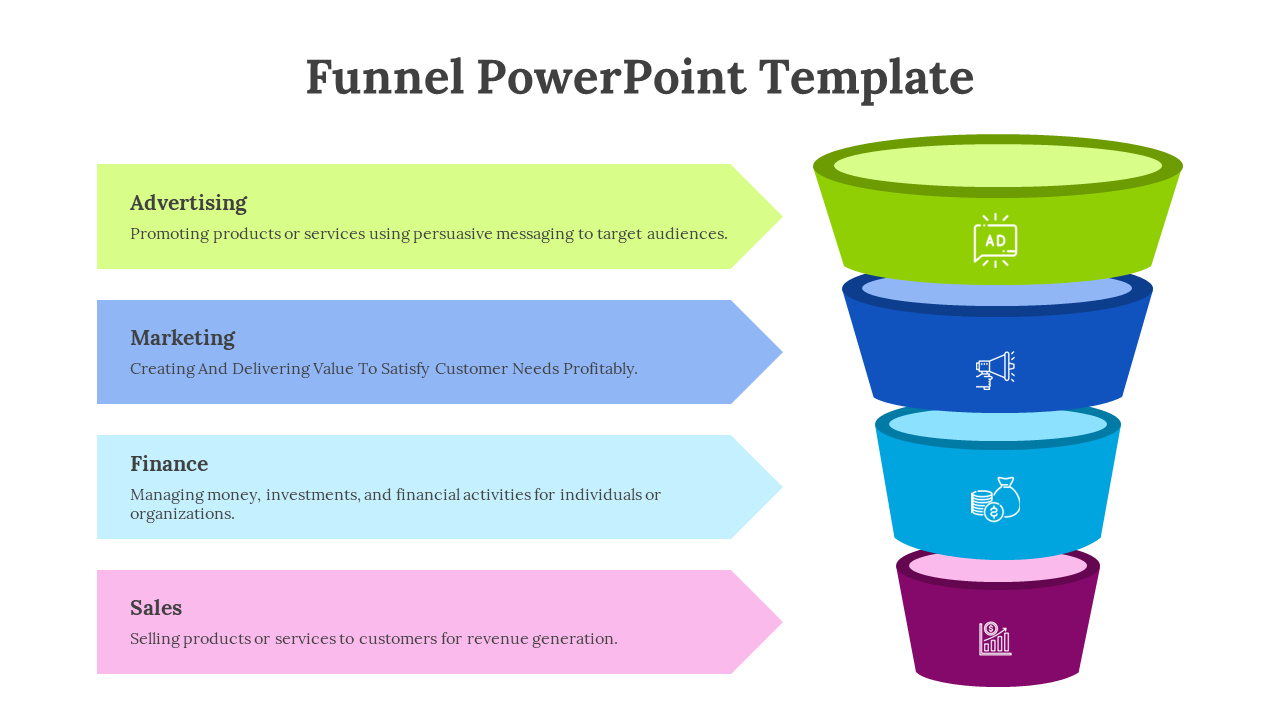 Colorful funnel with stacked sections in green, navy, blue, and purple, each featuring a corresponding icon.