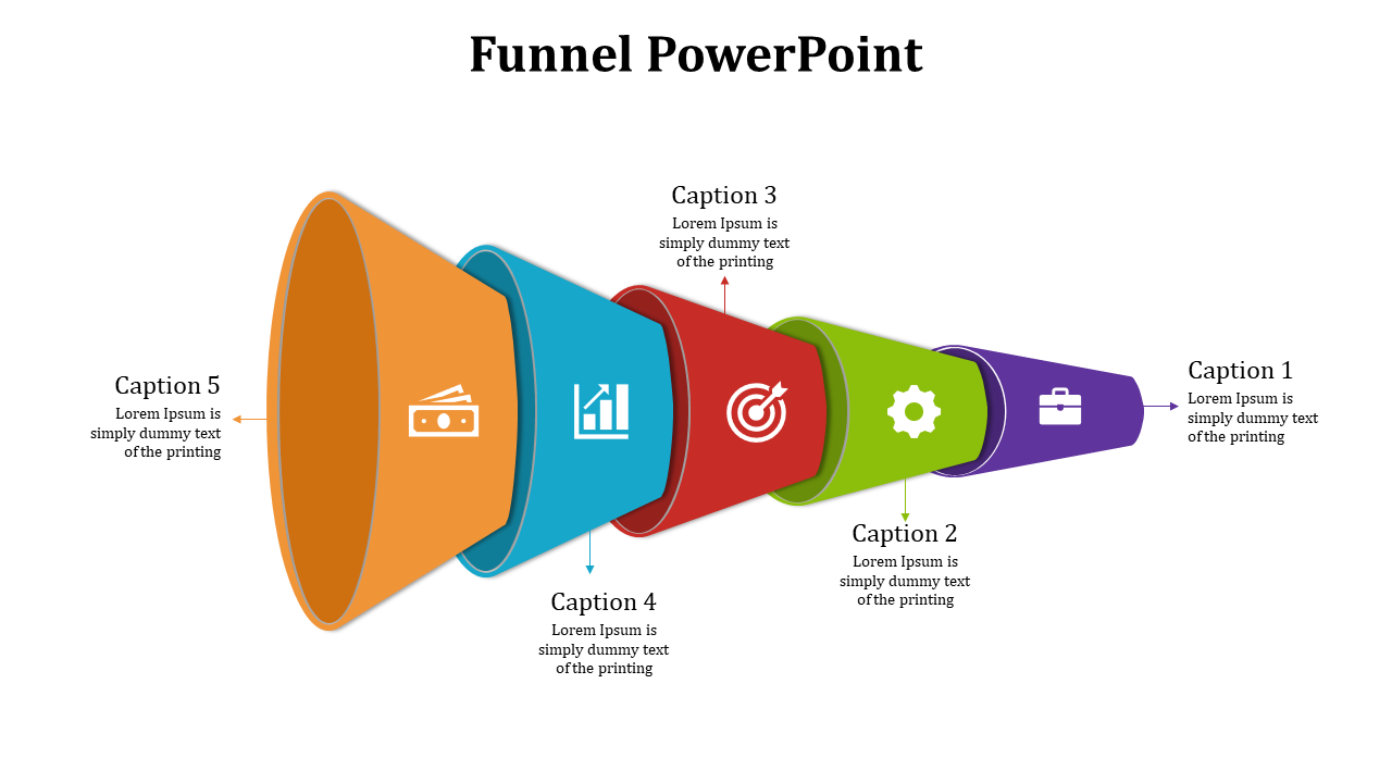 Funnel diagram with five colorful sections in orange, blue, red, green, and purple, each with an icon and caption.