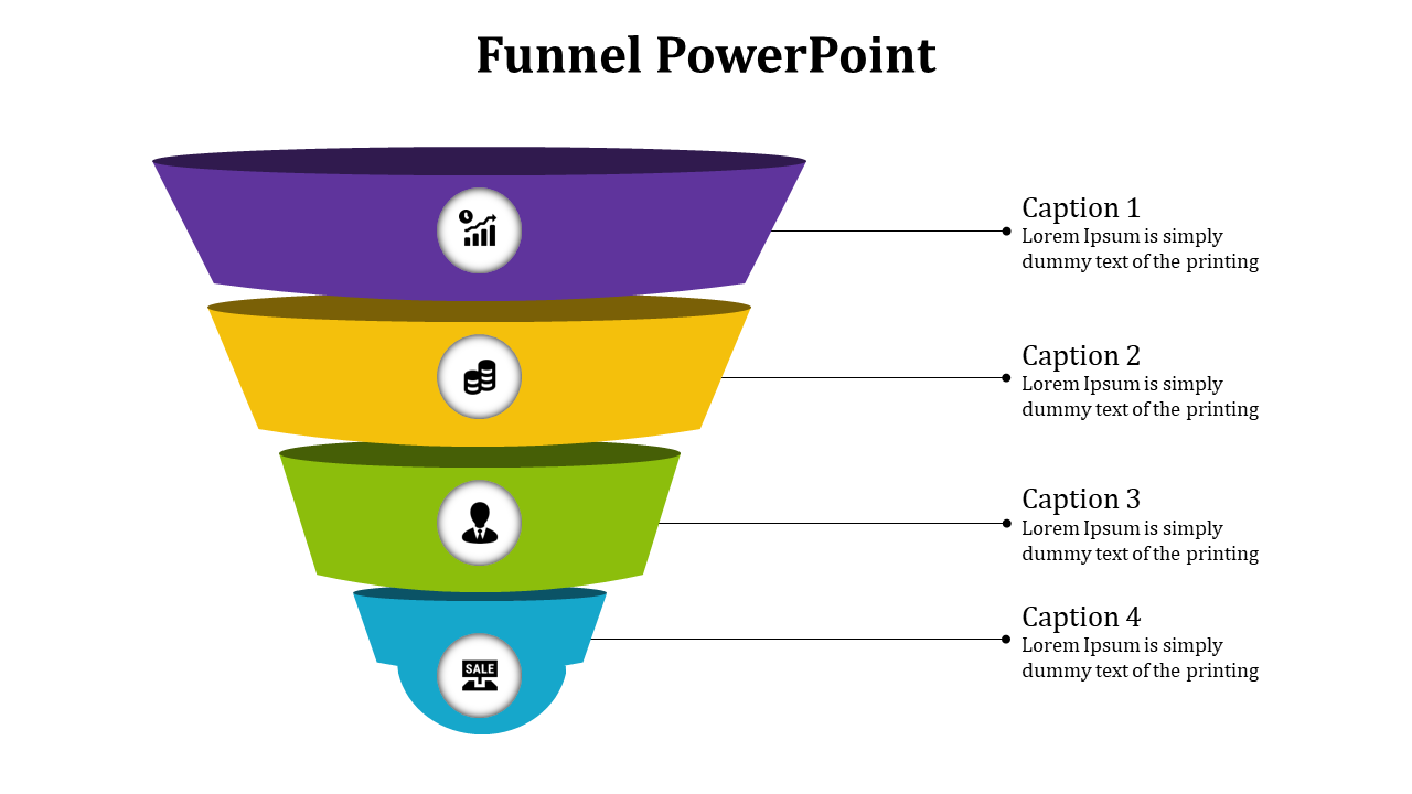 Funnel diagram with four sections in purple, yellow, green, and blue, each containing an icon and captions on the right.