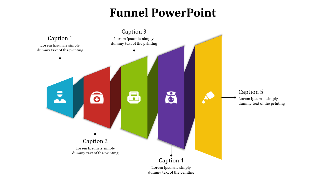 Multi colored funnel with sections in blue, red, green, purple, and yellow, each with an icon and caption.