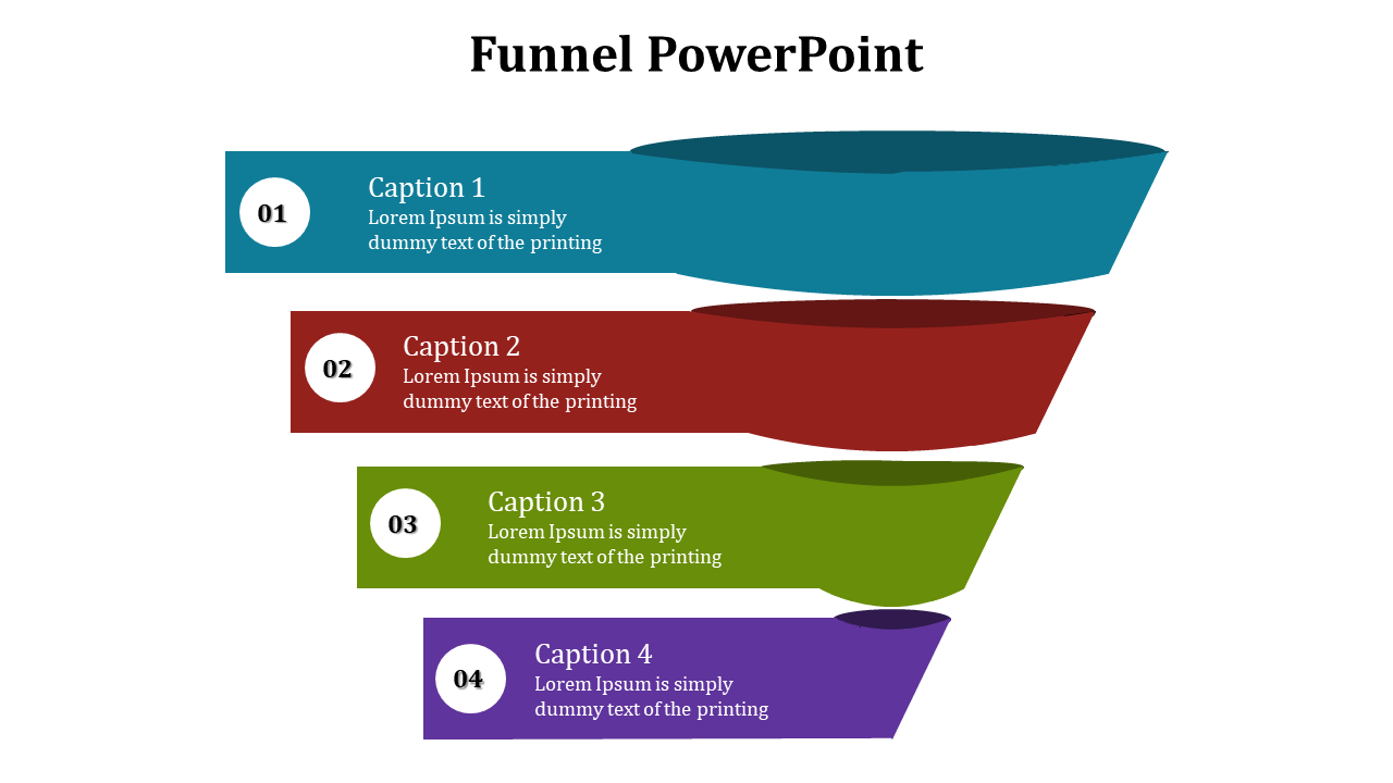 Funnel diagram with four colorful layers in blue, red, green, and purple, each section labeled with numbers and captions.