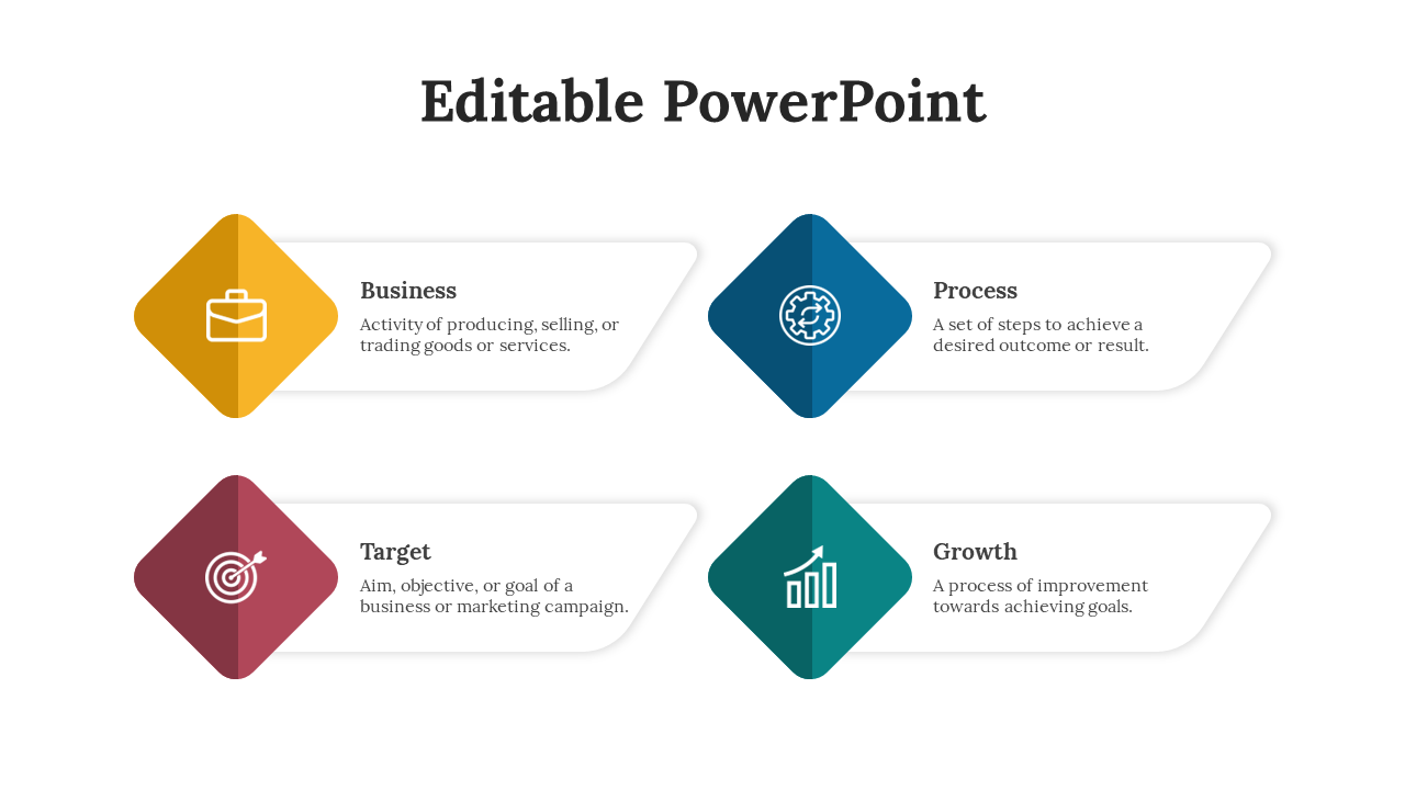 Slide with four diamond shaped icons in yellow, blue, red, and teal, paired with descriptive text boxes beside.
