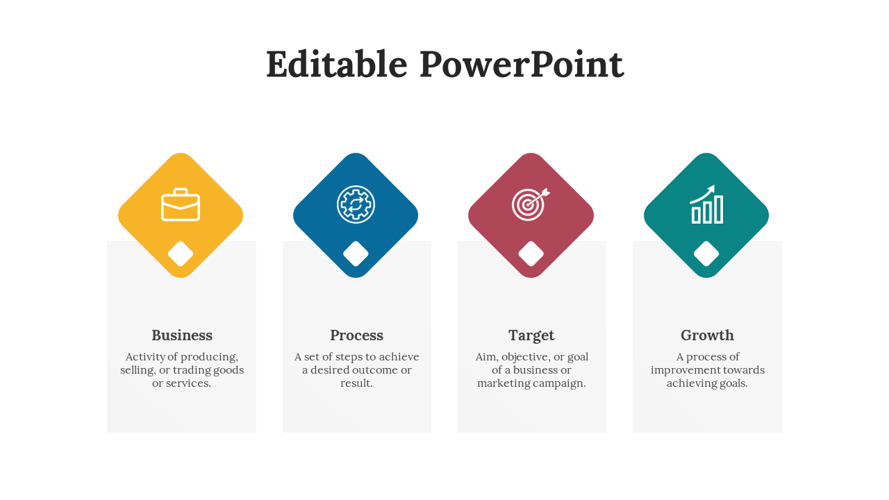 Slide with four colored diamond shaped icons in yellow, blue, red, and teal, each with a gray text box below.