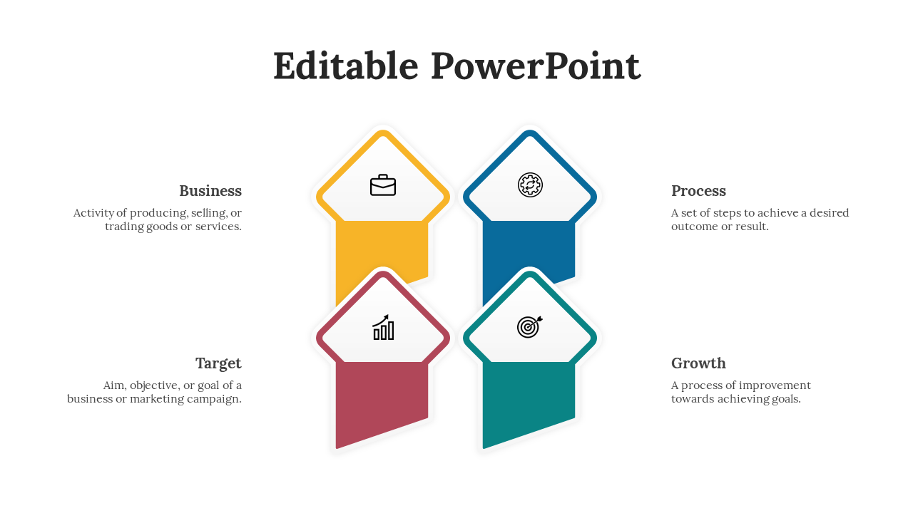 Four upward pointing arrows in yellow, blue, red, and green, with icons and captions inside, arranged in a grid layout.