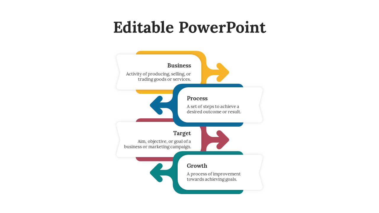Horizontal layout of four arrows in yellow, blue, red, and green, each pointing to a rectangular text box.