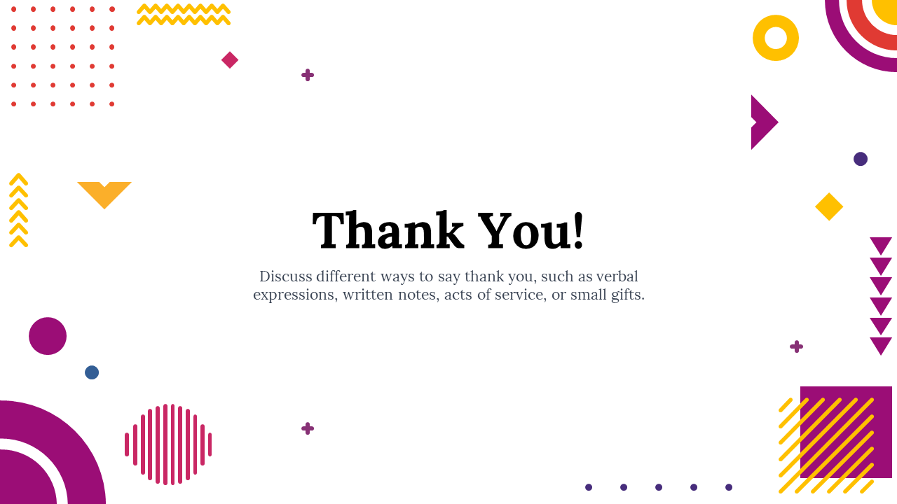 Thank you slide featuring colorful geometric shapes of circles, triangles, and squares in purple, yellow, and red accents.