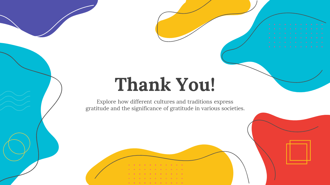 Thank you slide with abstract colorful shapes in blue, yellow, and red, with dotted and wavy patterns in the background.