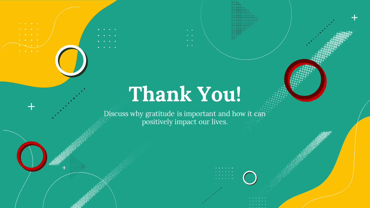 Thank you slide with teal and yellow abstract shapes, featuring circles, dots, and lines in white and red accents.