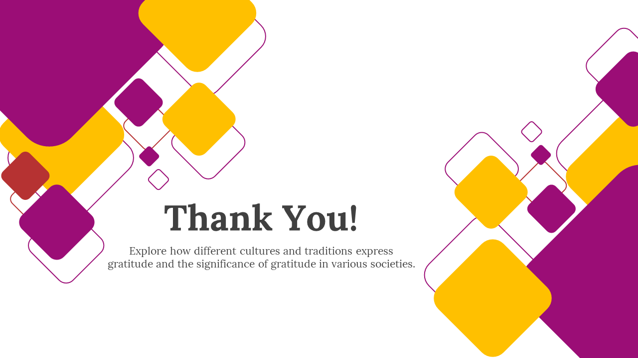 Thank you slide with yellow and purple diamond shapes in various sizes scattered across a white background.