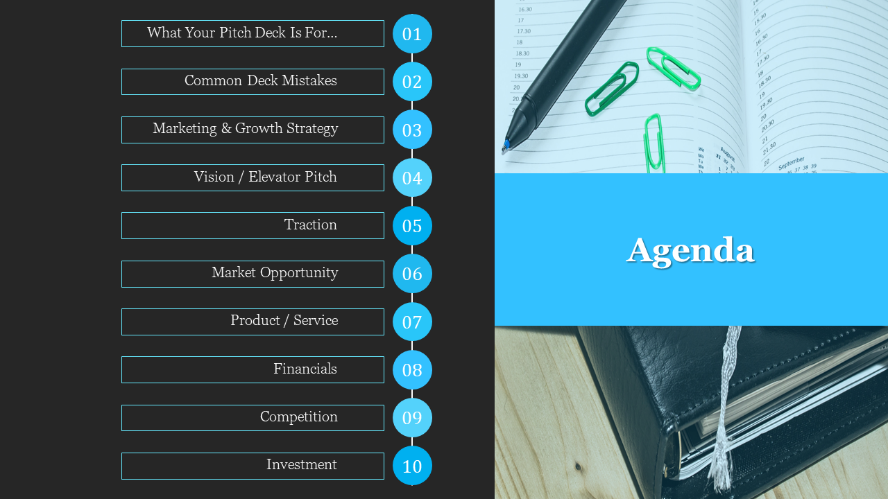 Dark background slide featuring a numbered list of ten blue agenda topics, and an image of a planner and paper clips.