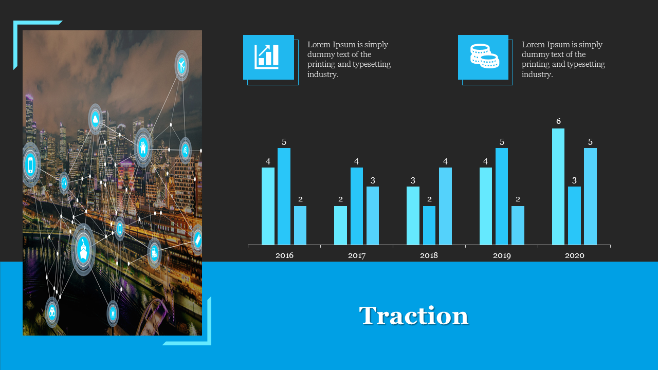 Slide displaying a blue bar graph for traction from 2016 to 2020, with a background of a city skyline and related icons.