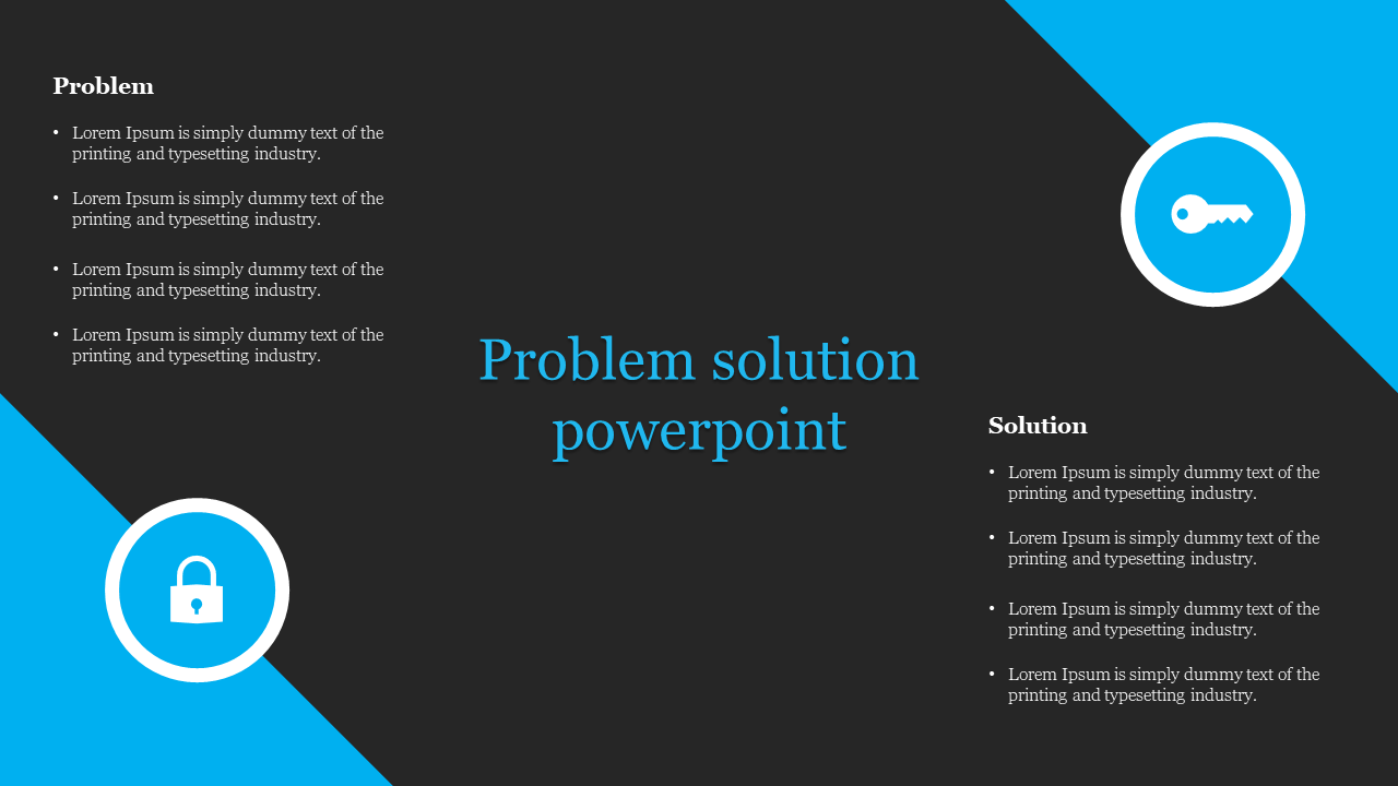 Dark background slide with problem and solution points, and blue diagnol accents featuring a lock and key icon.