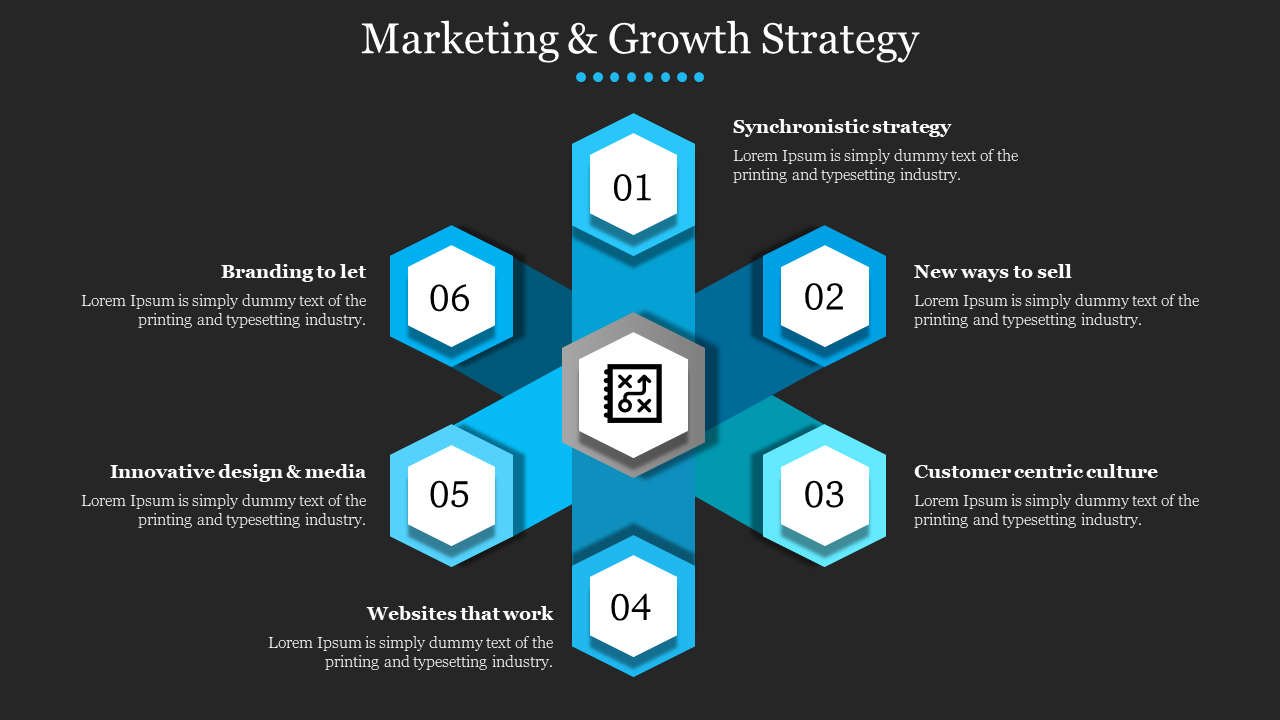 Hexagonal layout with six numbered teal sections, each labeled with different marketing strategies, set on a dark background.