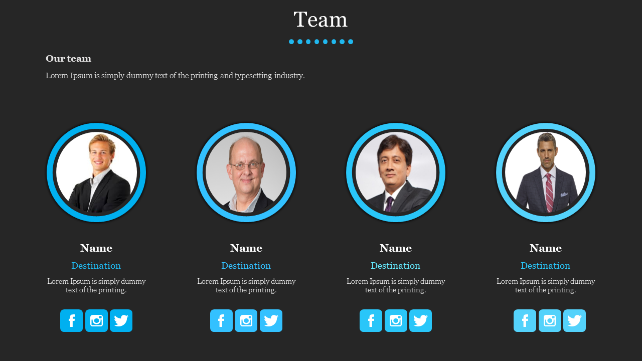 Black background slide featuring four team members in teal circular frames with name, destination, and social media links.