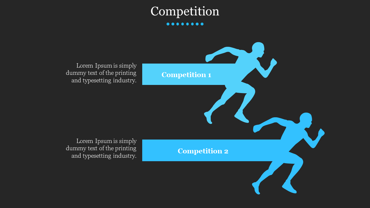 Dark slide with two blue silhouettes of runners, each labeled with competition titles and text in white.