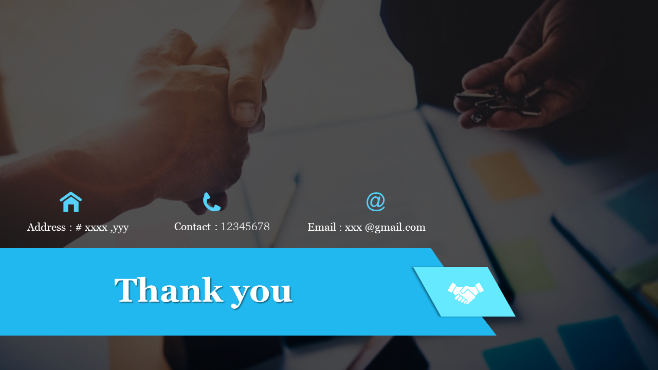 Thank you slide with a handshake image in the background, featuring contact information, and a blue panel at the bottom.
