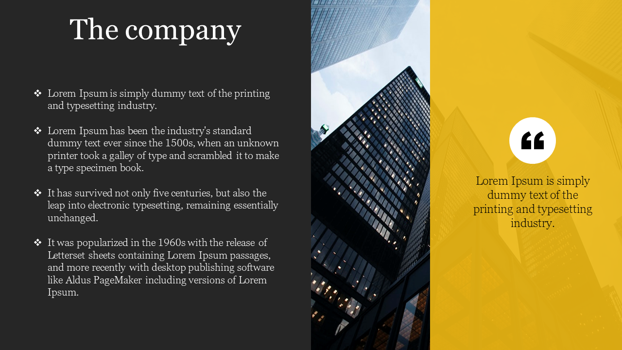 Dark layout with yellow accents, featuring building images on the right and bulleted text on the left.