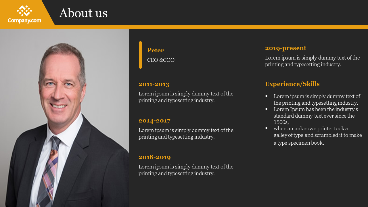 Business profile layout with a left aligned photo, bold yellow titles, and experience details, against a dark background.
